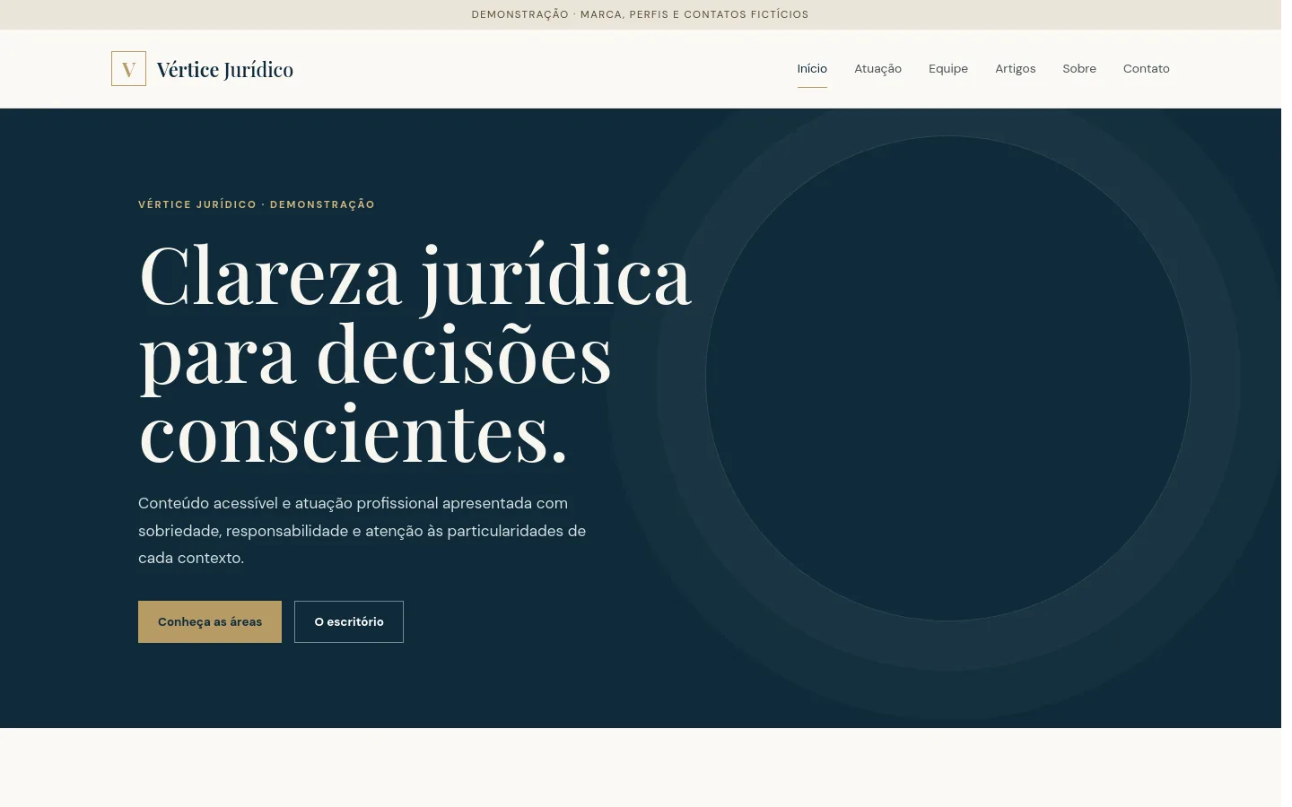 Captura da página inicial de Vértice Jurídico, demonstração de advocacia.