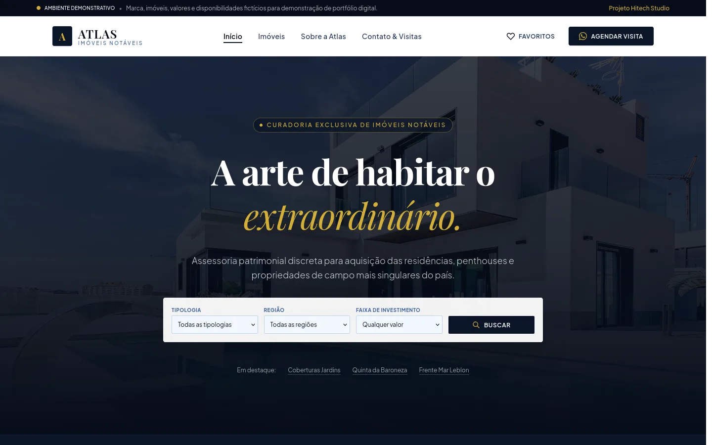 Captura da página inicial de Atlas Imóveis, demonstração de imobiliária.