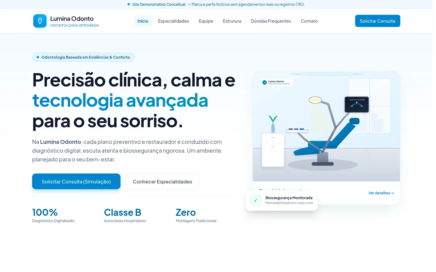 Captura da página inicial de Lumina Odonto, demonstração de odontologia.