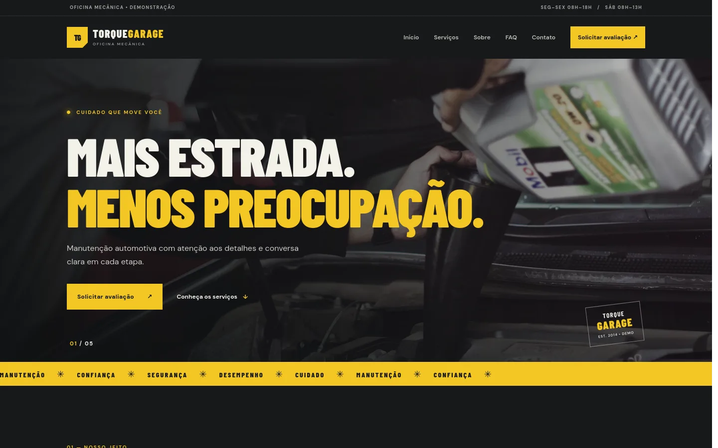 Captura da página inicial de Torque Garage, demonstração de oficina.