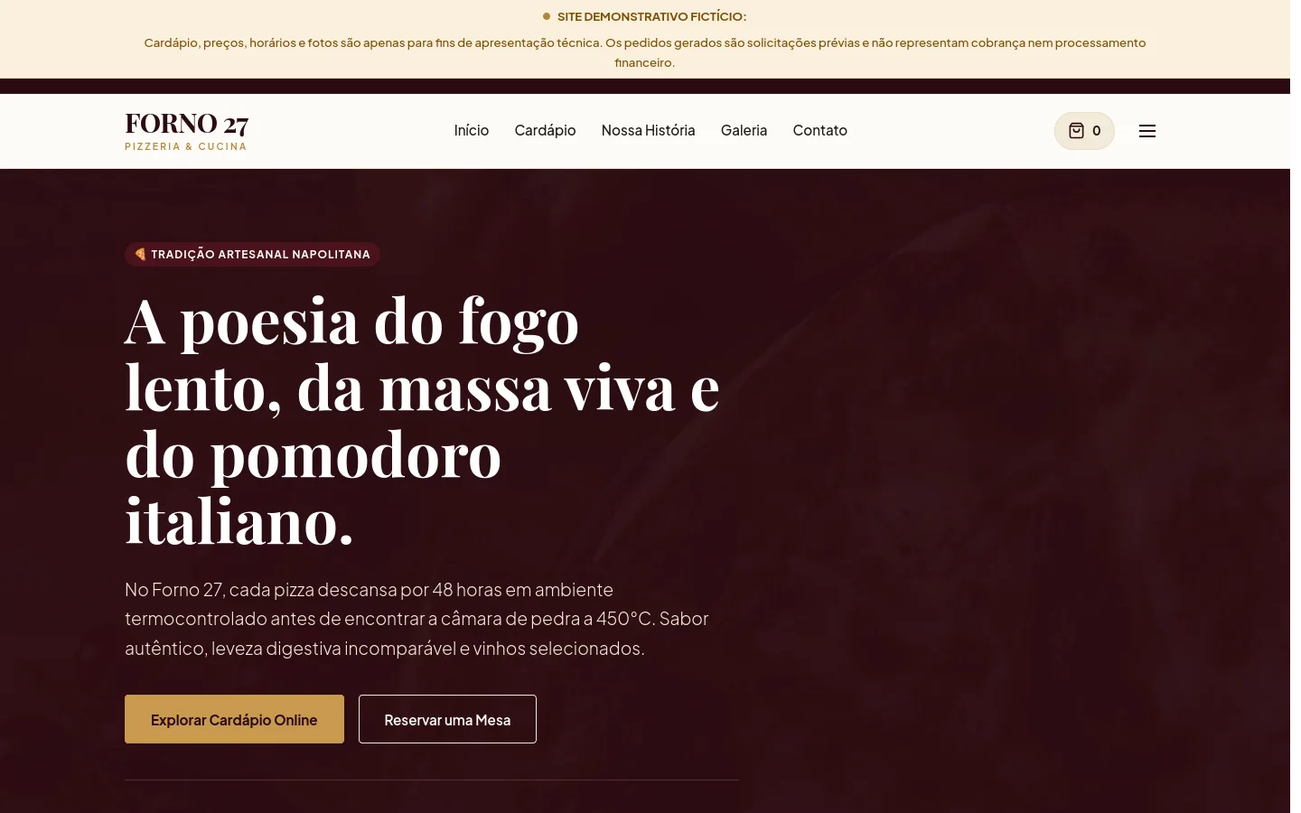 Captura da página inicial de Forno 27, demonstração de restaurante.
